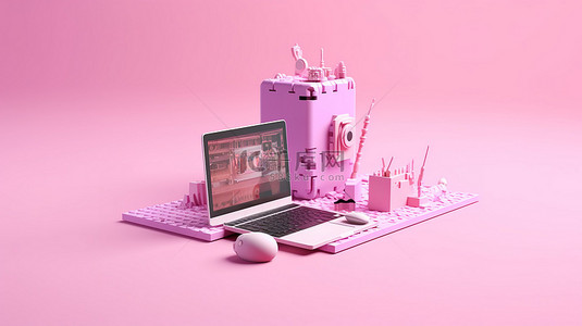 软件开发背景图片_最小的卡通风格 3D 渲染插图由软件开发人员在粉红色背景上开发编码语言
