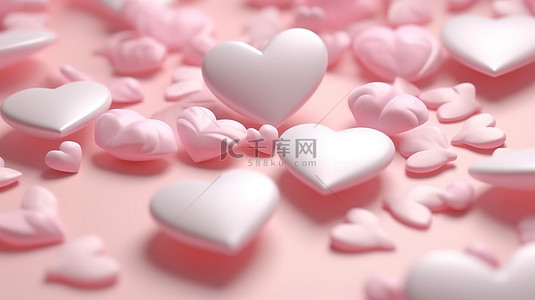 浪漫的粉红色心在 3D 插图中关闭了优雅奢华的柔和婚礼背景