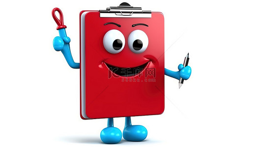 红色福字贴纸背景图片_白色背景上带有蓝书红色剪贴板纸和铅笔的吉祥物的 3D 渲染