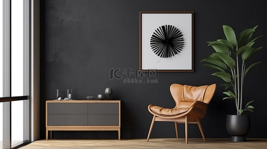 现代室内 3D 渲染灰色墙壁背景，配有模拟海报框架木椅和风扇