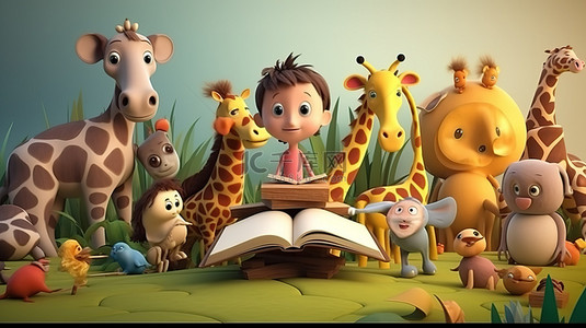 儿童读物中儿童喂养动物的说明性 3D 背景