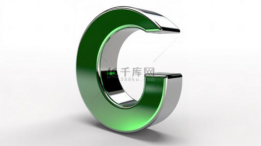 白色背景，带左圆括号符号和 3d 绿色镀铬标志，表面光滑