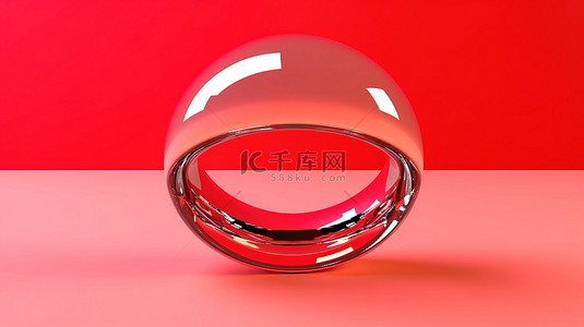 粉红色背景上带玻璃球的红色戒指未来派 3D 艺术品