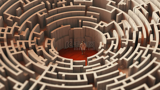 在混乱和焦虑的迷宫中航行 3D 插图描绘了一个迷路的人并寻找出路
