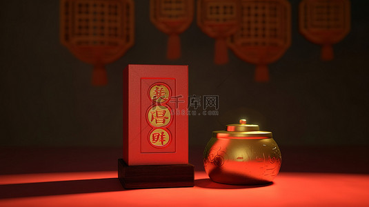 农历新年促销用中国金币锭和灯笼的 3D 渲染