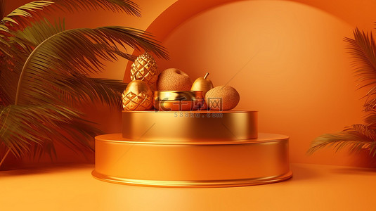 热带橙色背景与金色讲台完美适合 3D 产品植入