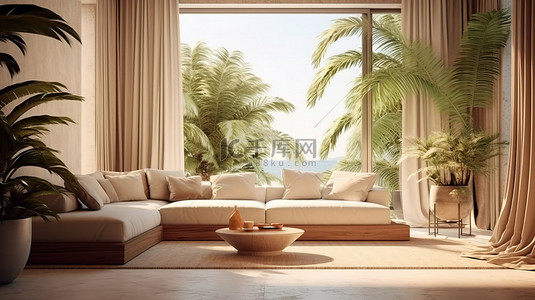 夏季客厅的 3D 渲染，具有宁静的米色氛围和装饰有异国情调的棕榈树的露台