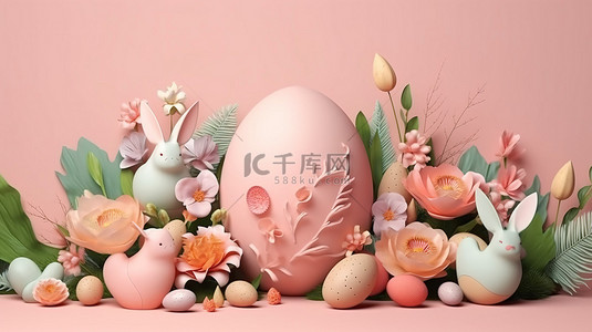 3D 渲染的复活节场景，配有彩色鸡蛋花卉装饰和可爱的兔子耳朵