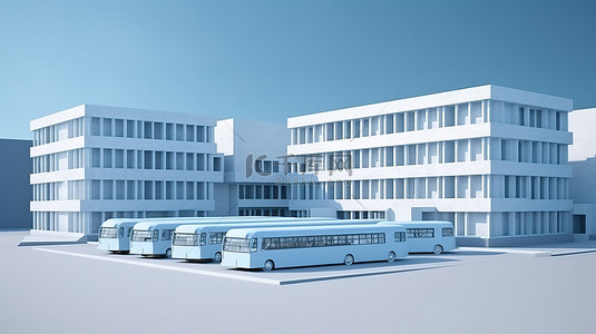 蓝色空间容纳 3d 校舍和安装的公共汽车