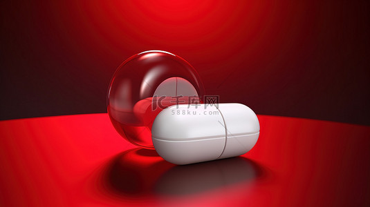 在充满活力的红色背景上以 3d 呈现的药房概念红白药丸