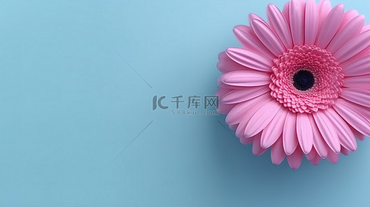 3D 渲染的蓝色贺卡，中上部有各种大小混合的美丽粉红色花朵