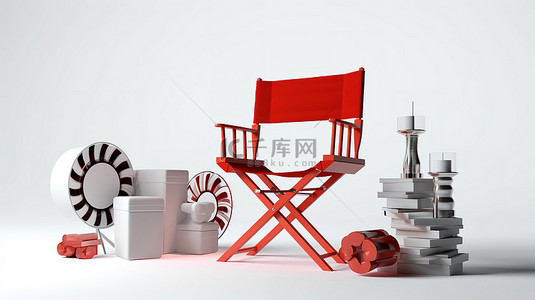 电影业红色导演椅电影拍板和电影卷轴的写照，在白色背景上以 3D 渲染