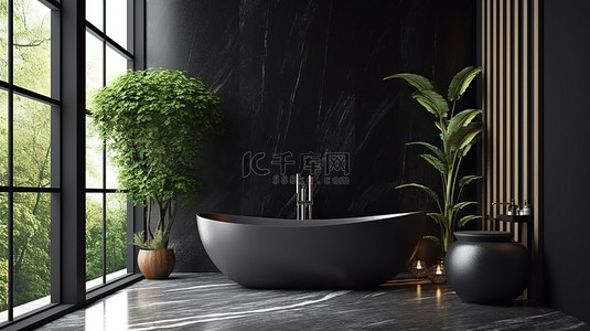 1 豪华浴室内时尚黑色大理石浴缸的 3D 渲染，配有植物和大窗户