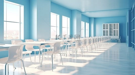 排班背景图片_阳光明媚的教室，有蓝色的墙壁，有一排白色的桌椅 3D 渲染