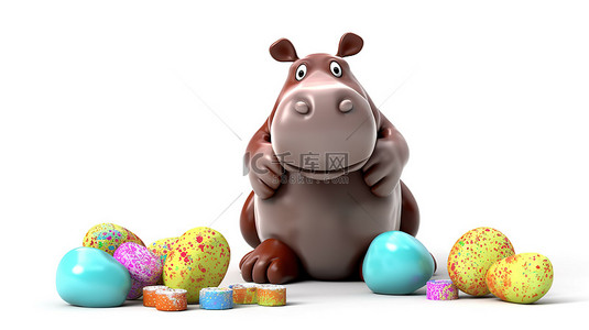一个滑稽的 3D 河马角色抓着一个令人愉快的巧克力复活节彩蛋