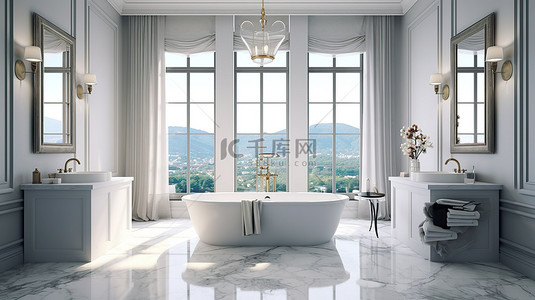 精致简单背景图片_精致的浴室配有现代浴缸 3D 渲染