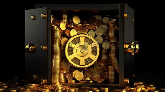 安全黑色保险箱顶部金币的 3D 插图是储蓄和金融稳定的象征