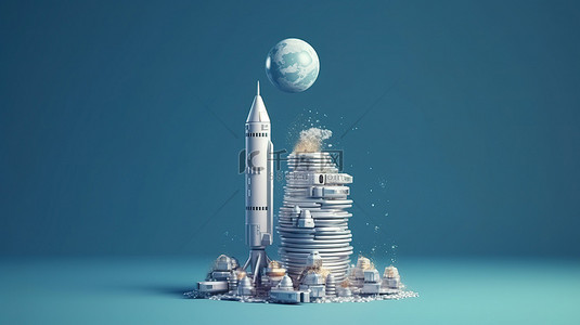 比特币起飞 3d 渲染了加密货币火箭与一堆比特币一起发射到蓝天的插图