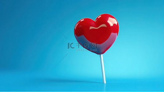 爱的象征，蓝色背景上的 3D 渲染红心棒棒糖