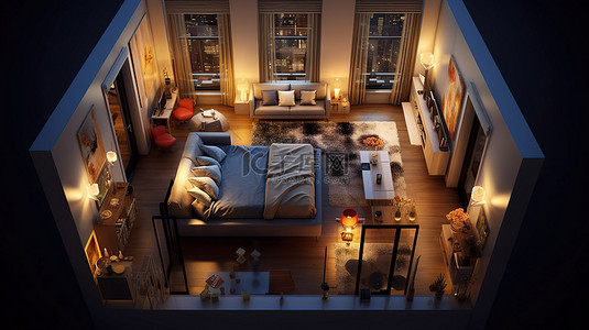 售前提醒背景图片_夜间照明增强了舒适小公寓的设计前提布局空间划分顶视图展示3D视觉效果
