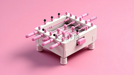 白色足球桌的 3D 等距图标，配有平面白色和粉色家居饰品