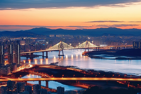 城市河流背景图片_一座城市在日落时显示出桥梁和河流