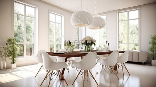 设计师餐厅的令人惊叹的 3D 渲染，配有宽敞的白色桌子和优雅的椅子