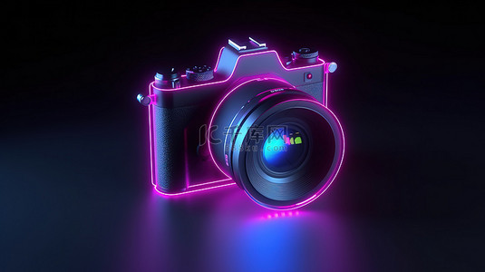 相机佳能相机镜头背景图片_霓虹灯 3D 渲染的 ui ux 界面元素中的发光相机图标