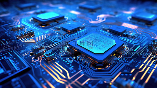 蓝色电路背景图片_带有微处理器的蓝色未来派 3D 背景