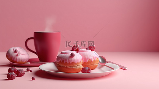 极简主义 3D 渲染的美国小吃和咖啡，粉红色背景上有草莓蛋糕