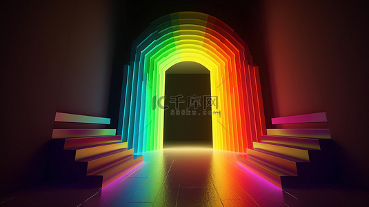 神秘的门在 3d 渲染的彩虹地形中，两侧是发光的方管和星星