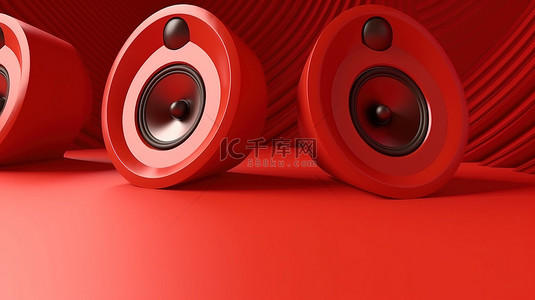 光滑的红色扬声器位于单色红色表面顶视图 3D 渲染图像上，用于音频监控