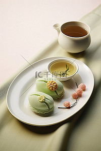 糕点糕点背景图片_盘子里放着甜糕点冰淇淋和茶