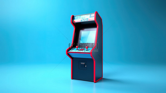 游戏街机上的空屏幕，用于蓝色背景上的定制设计 3D 渲染