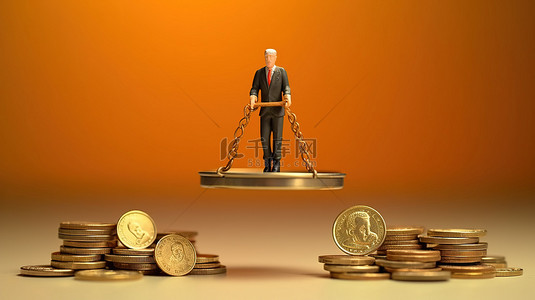 有钱人背景背景图片_背景中有硬币的天平秤的 3D 渲染