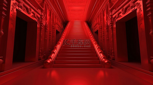 通往盛大活动的 3D 渲染中的红地毯和楼梯