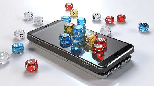 网上赌场概念 3d 智能手机与硬币和骰子