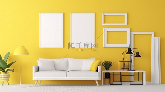 黄色客厅的简约 3D 渲染插图，配有空白相框模型