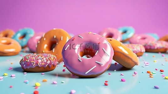 生日背景图片_各种釉面甜甜圈悬浮在半空中，在柔和的彩色背景 3D 渲染中