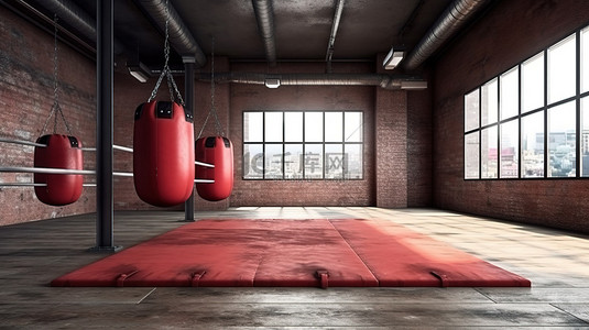 阁楼风格的拳击馆，铺有地毯，配有顶级设备 3D 渲染