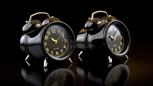 手表黑色背景图片_使用 3D 渲染的微型双铃黑色闹钟准时醒来