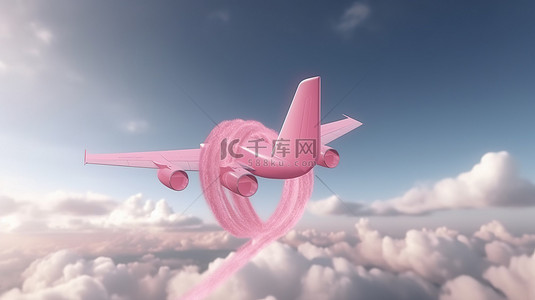 3D 渲染概念粉红丝带心与一架飞机飞过天空