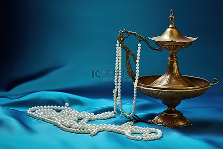 蓝色工具背景背景图片_一盏灯和珍珠设置在蓝色背景上
