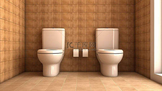 棕色瓷砖墙壁和地板上配有 3D 白色陶瓷马桶的卫生间