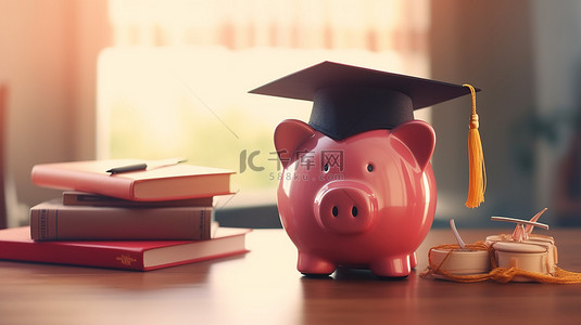 毕业背景卡通背景图片_在 3D 渲染中为教育毕业帽图标硬币和存钱罐省钱