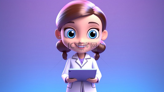 医生人物背景图片_可爱的女医生拿着医疗保健专业人员的数字平板电脑 3d 渲染