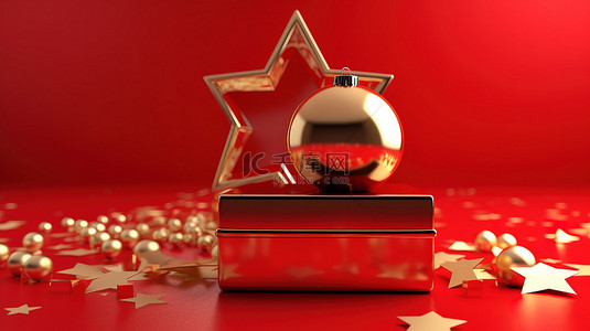 节日装饰品红色礼品盒金色银球和星星在充满活力的红色背景 3D 插图