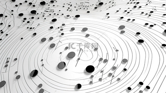 白色圆圈背景简约卡通设计 3d 渲染上的音符