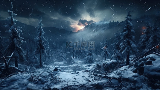 传奇字艺术字背景图片_夜间冬季愤怒 3D 渲染数字艺术描绘暴风雪景观