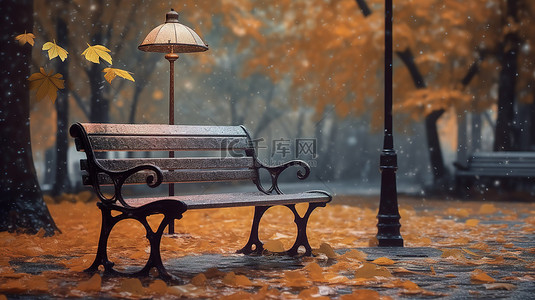 绿皮书背景图片_公园秋雨天的灯笼下孤独的长凳 3d 渲染